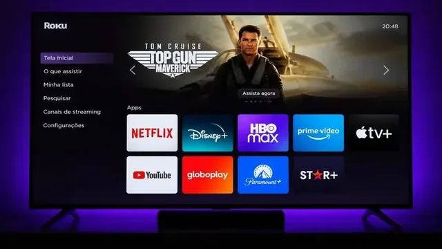 Interface do IPTV rodando em uma Roku TV com Netflix, Disney+, Apple TV e Roku Channel